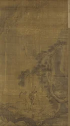 Blick auf einen Wasserfall von einem Kieferfelsen, Ming-Dynastie